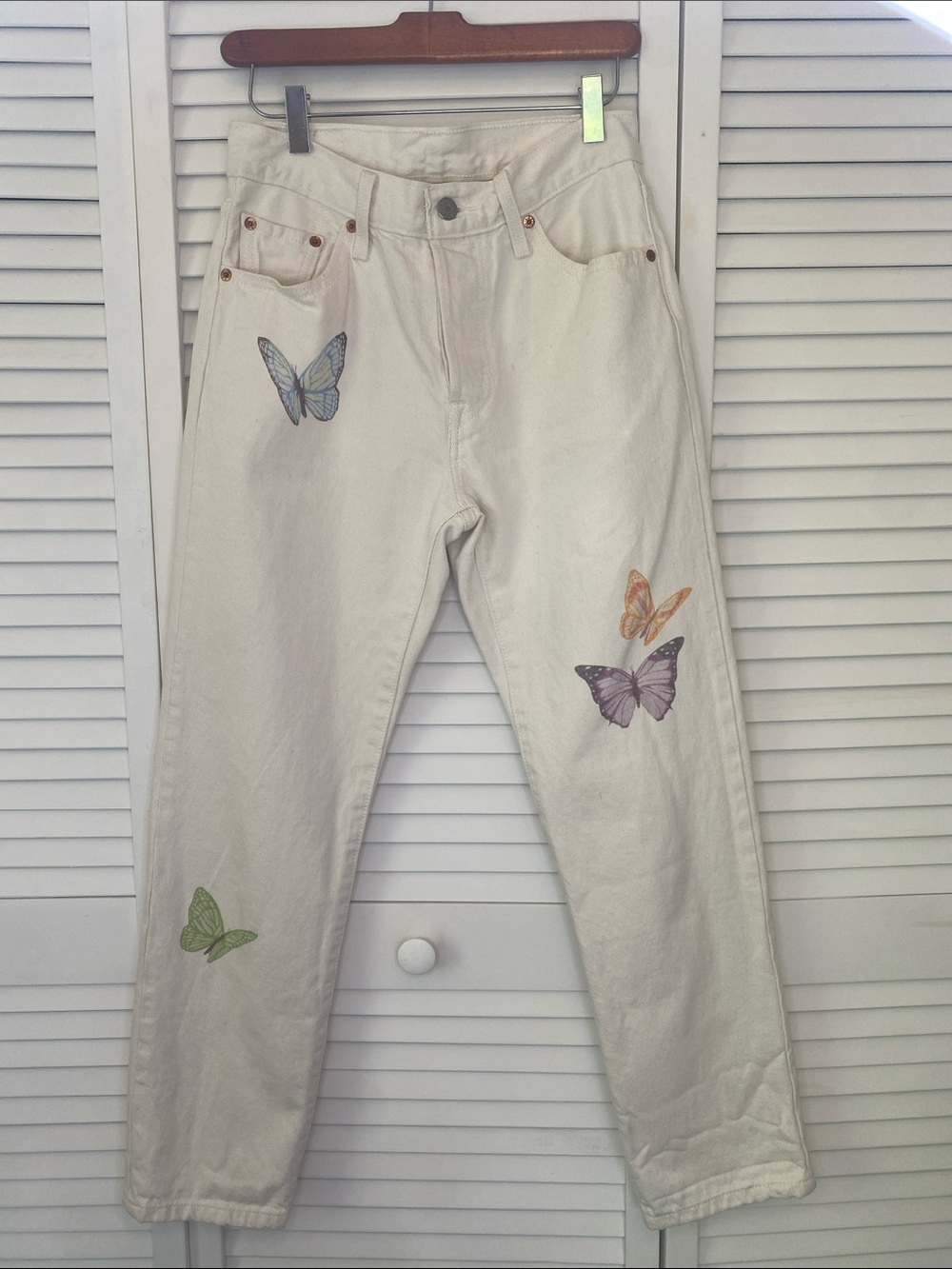Levi's Cream Straight-Leg Jeans with Colorful Butterfly Prints